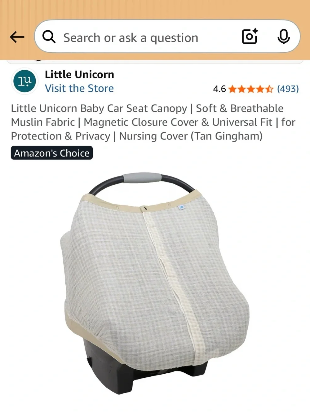 Tan Gingham Baby Car Seat Canopy - Soft Muslin Cover